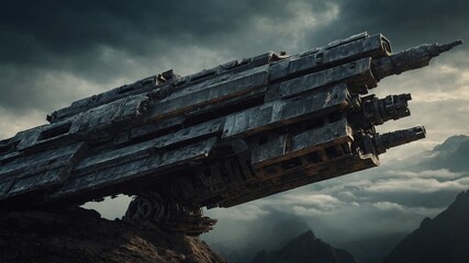 Colossal spaceship dominates foreground, appearing to have crash-landed on rugged terrain. Massive hull angled steeply, suggesting embedding into mountainous landscape.