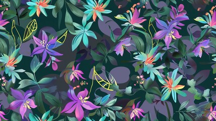 Mythical florals flat design top view mythical theme water color Triadic Color Scheme. Seamless Pattern, Fabric Pattern.