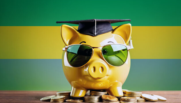 A piggy bank with glasses and a graduation cap sits atop a pile of coins, with the Gabon flag in the background, symbolizing education savings and financial growth in the Gabon - Powered by Adobe