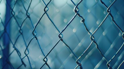 A close-up shot of a chain link fence with metal links and barbed wire, possibly used for security or confinement