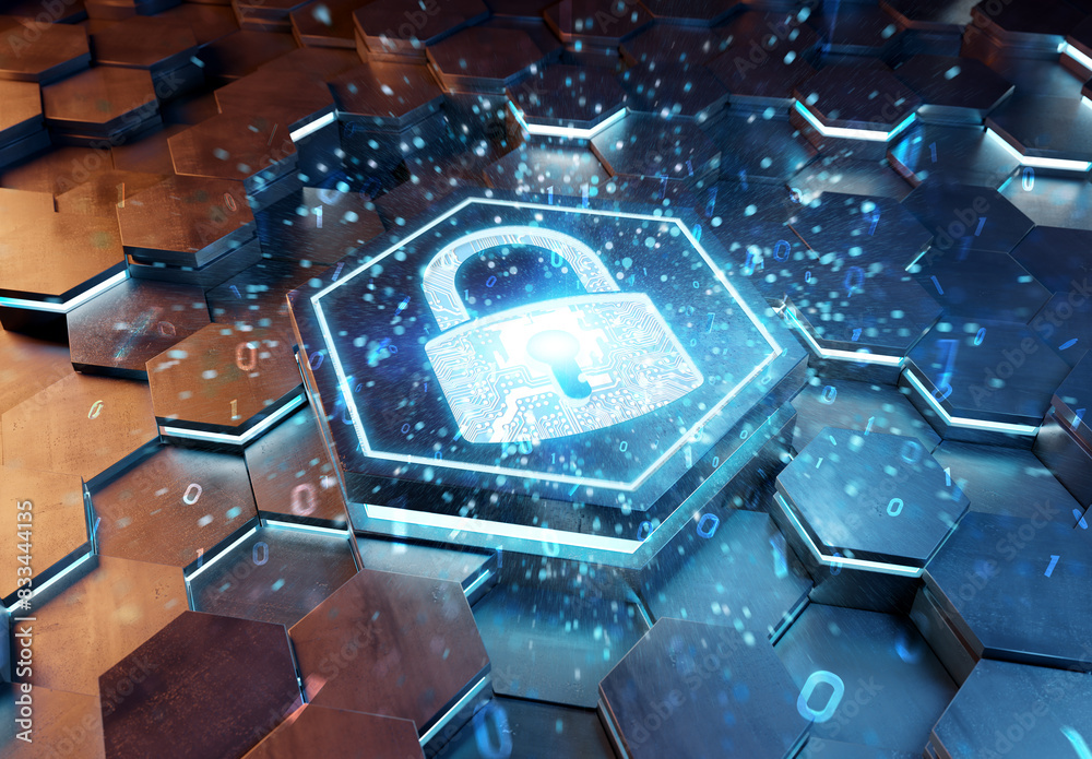 Leinwandbilder web security icon concept engraved on metal hexagonal pedestral background. padlock logo glowing on 