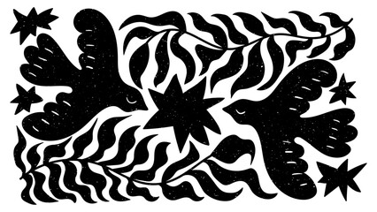 Retro drawn abstract bird with plant. Horizontal boho folk textured botanical background in naive funky style.