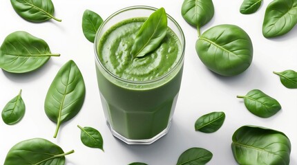 Obraz premium Nutrient-packed green spinach smoothie with fresh spinach leaves, presented on a white background.