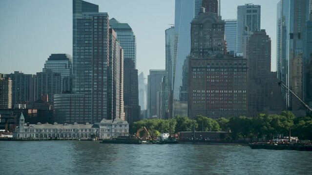 Lower Manhattan filmed from a ferry