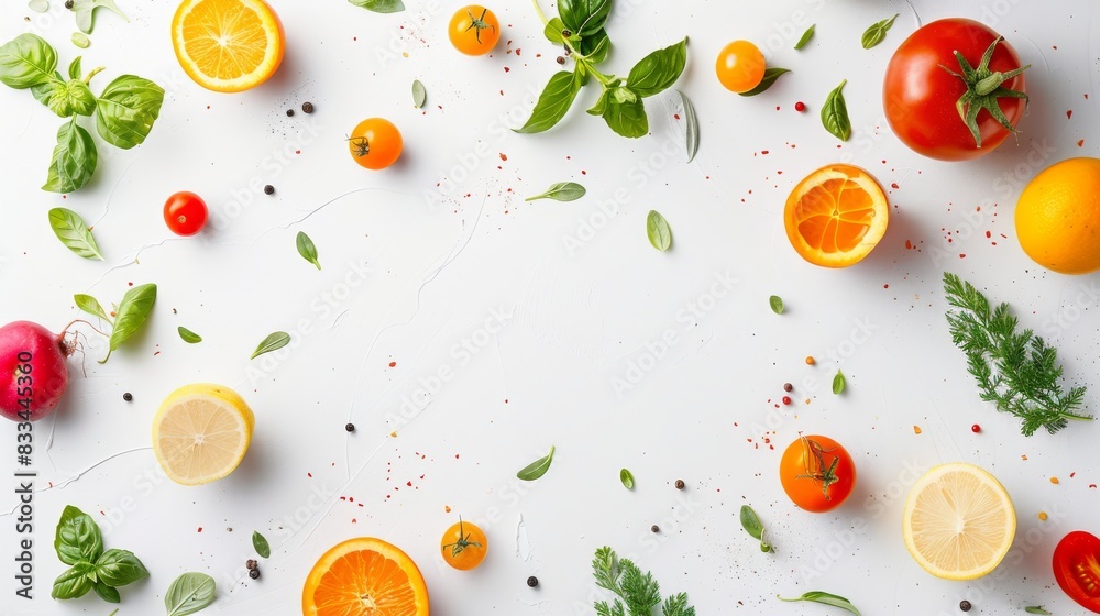 Wall mural fresh fruits and vegetables on a white background, food background, copy space, place for text - Wall murals