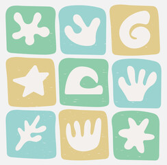 Groovy drawing poster with summer simple elements. Minimalistic coral stars. Palm tree beach sun sea stickers.