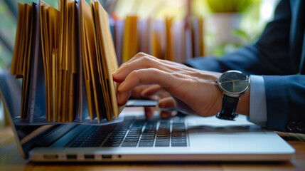 Document management system (DMS) technology, businessman use laptop with database folder online to store files document data digital. file storage process with security. 