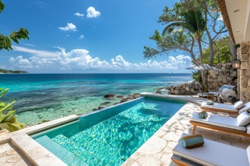 Hotel suite with a private pool, sun loungers, and ocean views