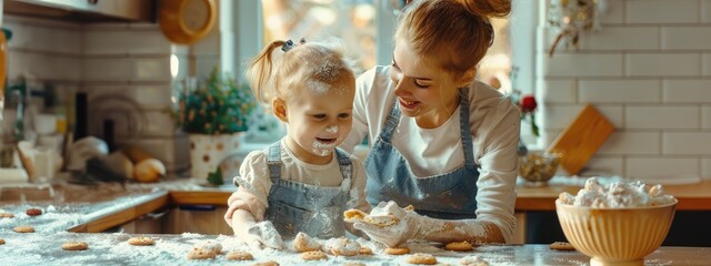 a woman and a child are making cookies. Selective focus