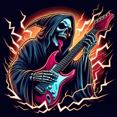 Rocking Reaper: Skeleton Guitarist with Electric Flames