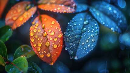 rain on orange and blue leaves in autumn