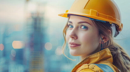Portrait of a young construction worker woman with safety helmet