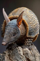 Obraz premium Close-up view of an armadillo resting on a rock, providing a unique opportunity to capture its details