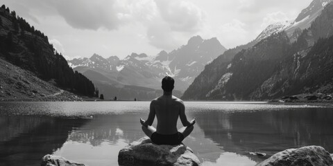 A person sitting on a rock overlooking a calm lake, perfect for scenic or outdoor uses - Powered by Adobe