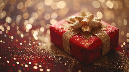 Obraz premium red gift box wrapped in paper with golden glitter in the background, golden ribbons