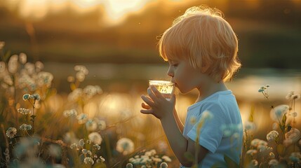 the child drinks water on the background of nature. Selective focus