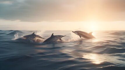 Dolphins Leaping through Ocean Waves at Dawn