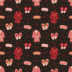 Floral Bathrobe, Cozy Sleep Eye Mask, and Fluffy Slippers on Dark Brown Seamless Pattern Design