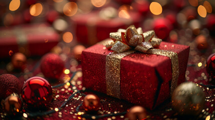 red gift box wrapped in paper with golden glitter in the background, golden ribbons