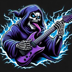 Rocking Reaper: Skeleton Guitarist with Electric Flames