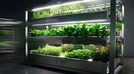 Imagine a smart greenhouse with vertical farming systems, LED lighting, and AI-controlled climate management for optimal plant growth