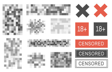 Censor blur checkered texture on transparent background. Black censor bar concept. Blurred grey censorship background. Icon with text