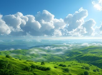 Green rolling hills under blue sky and white clouds