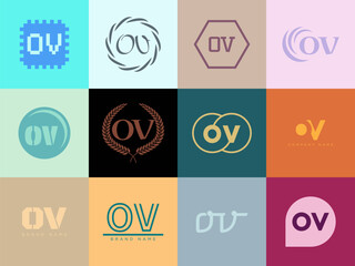 OV logo company template. Letter o and v logotype. Set different classic serif lettering and modern bold text with design elements. Initial font typography.