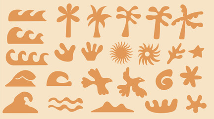 Groovy boho beach summer elements. Drawn palm tree and birds. Abstract minimal sea and sun in trendy retro naive simple style.