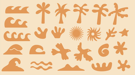Groovy boho beach summer elements. Drawn palm tree and birds. Abstract minimal sea and sun in trendy retro naive simple style. © Nastya