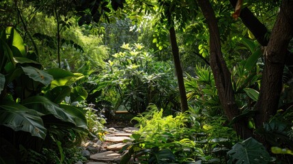 A verdant garden environment filled with foliage and trees
