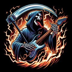 Rocking Reaper: Skeleton Guitarist with Electric Flames