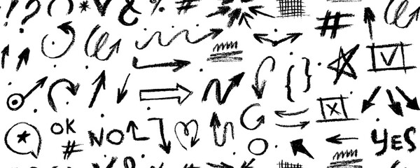 Bold brush drawn curved arrows seamless pattern. Hand drawn vector thick marker arrows. Curved and wavy brush strokes. Seamless banner with vector direction pointers. Bold brush strokes with scratches