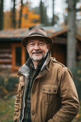 Obraz premium happy man on the background of a house in the forest. Selective focus