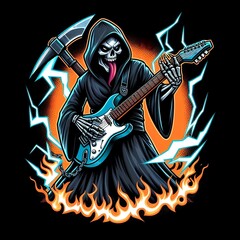 Rocking Reaper: Skeleton Guitarist with Electric Flames