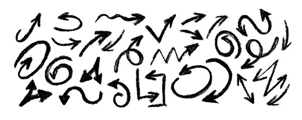 Charcoal arrows vector icons set. Hand drawn freehand different curved lines, swirls arrows. Doodle marker drawing, black chalk smears. Direction pointers. Scribbles and scrawls.