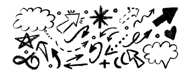 Charcoal arrows vector icons set. Hand drawn freehand different curved lines, swirls arrows. Doodle marker drawing, black chalk smears. Direction pointers. Scribbles and scrawls.