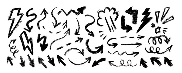 Group of chalked arrows and frames. Hand drawn black charcoal symbols for hand drawn diagrams. Vector doodle marker drawing. Freehand different curved arrows, swirls, crosses, circles and check marks.