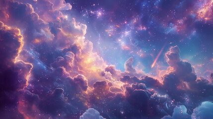 Fantastic purple cloudscape with bright stars and lightnings