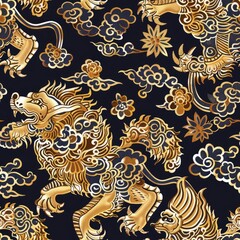 a image of a pattern of golden lions on a black background