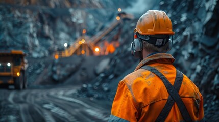 Fototapeta premium Worker inspecting machinery at a mine, industrial background, space for text