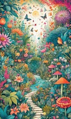 This vibrant and whimsical illustration depicts a lush, fantastical garden teeming with colorful flowers, butterflies, mushrooms, and a tranquil stream meandering through the landscape. 