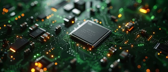 Obraz premium Close-up of microchips and circuits, detailed texture, green and black tones, copy space,