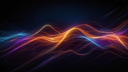 Waves of blue, orange and purple neon lights on a dark background