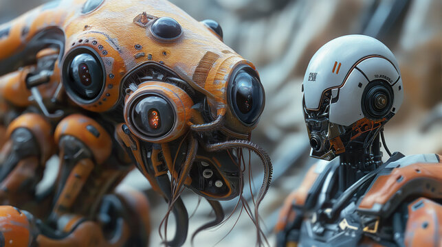 The image is aHe Ying of a robot and an alien