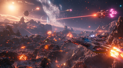 The image shows a chaotic battle scene with explosions, laser beams, and spaceships.