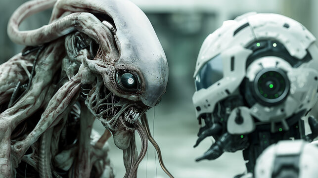 The photo depicts a close-up of an alien and a robot having a conversation.