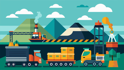 Naklejka premium Industrial giants in the form of coal loading machines and cranes dominate the landscape a testament to the vital role of the facility in transporting. Vector illustration