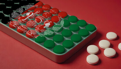 A tray of pills decorated with the Afghanistan flag design sits on a red background, symbolizing healthcare and medicine in the Afghanistan