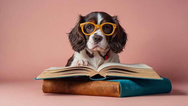Cute dog with glasses reading a book